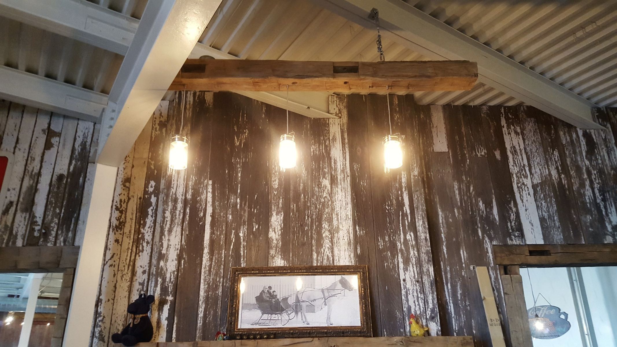 Mason jar pendant lighting on reclaimed barn board, installed by McClone Electric in Warsaw, Indiana