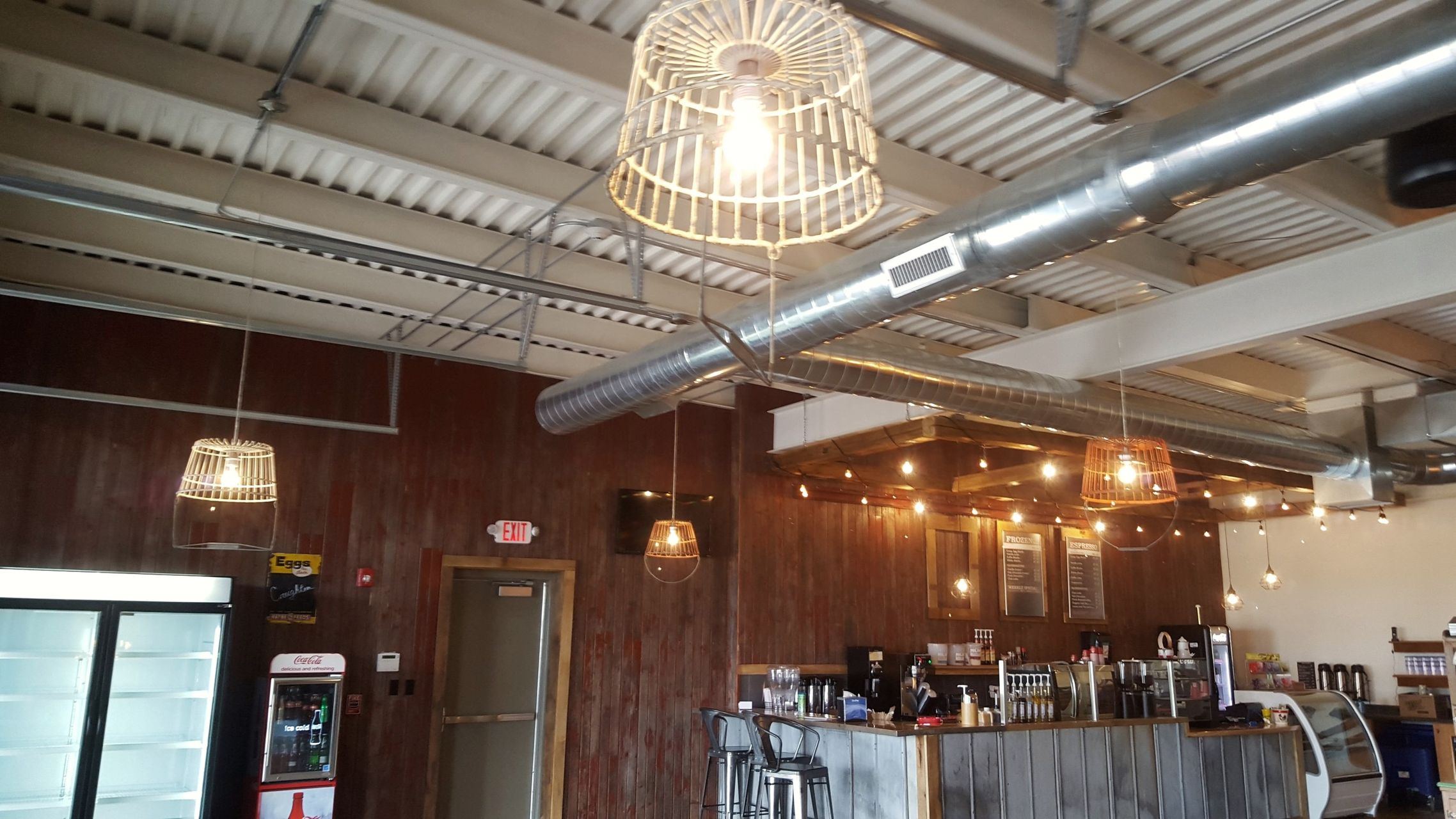 Basket pendant lighting installed by McClone Electric at Creighton’s Crazy Egg Cafe in Warsaw, Indiana