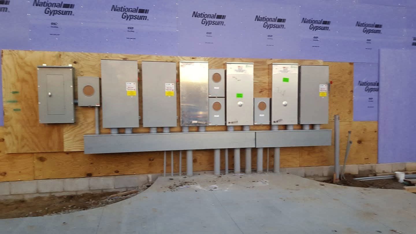 Service gear, wireway and conduit rough-in installed by McClone Electric in a new commercial building