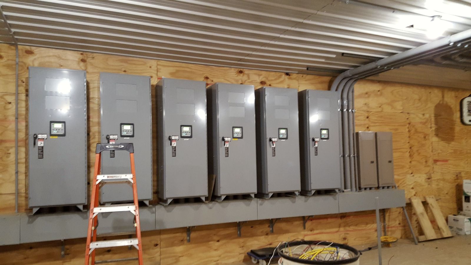 Six automatic transfer switches installed by McClone Electric for standby power at a poultry barn near Mentone, Indiana